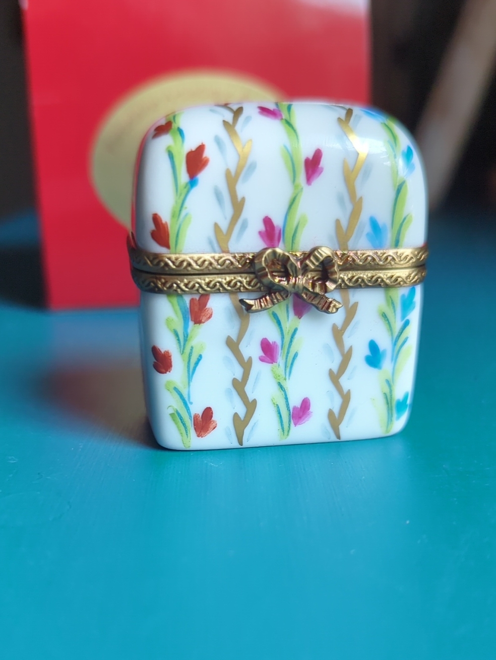 Limoges White Porcelain Trinket Box with Gold Bow and Multicolor Floral Design